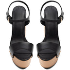 Women's Black Faux Leather Platform Heels Chunky Block High Heels Sandals - Styeenigma