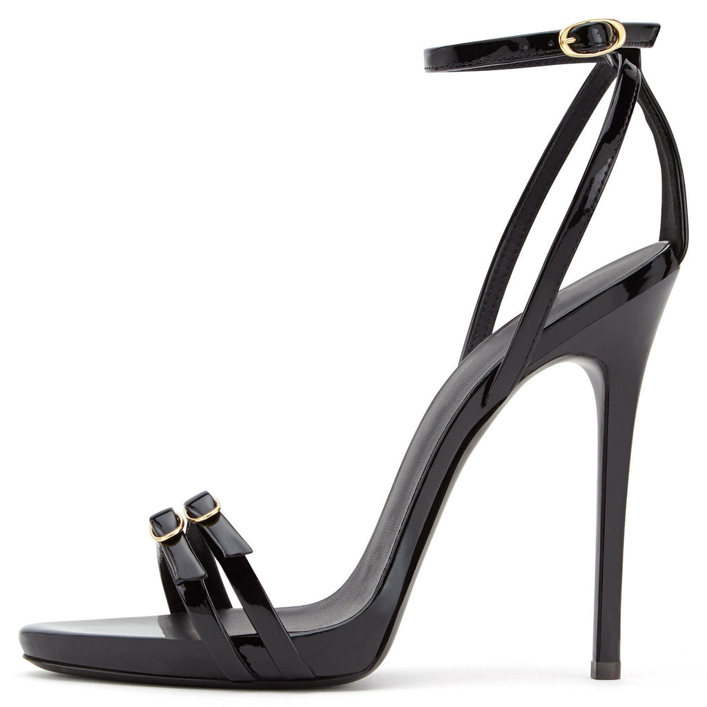 Women's Black Faux Leather Stiletto Heels Bow Ankle Strap Sandals - Styeenigma