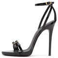 Women's Black Faux Leather Stiletto Heels Bow Ankle Strap Sandals - Styeenigma