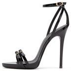 Women's Black Faux Leather Stiletto Heels Bow Ankle Strap Sandals - Styeenigma