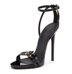 Women's Black Faux Leather Stiletto Heels Bow Ankle Strap Sandals - Styeenigma