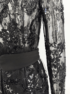 Women's Black Lace Blazer Set - Elegant Formal Pant Suit with Peplum Belt for Evening & Wedding - Styeenigma