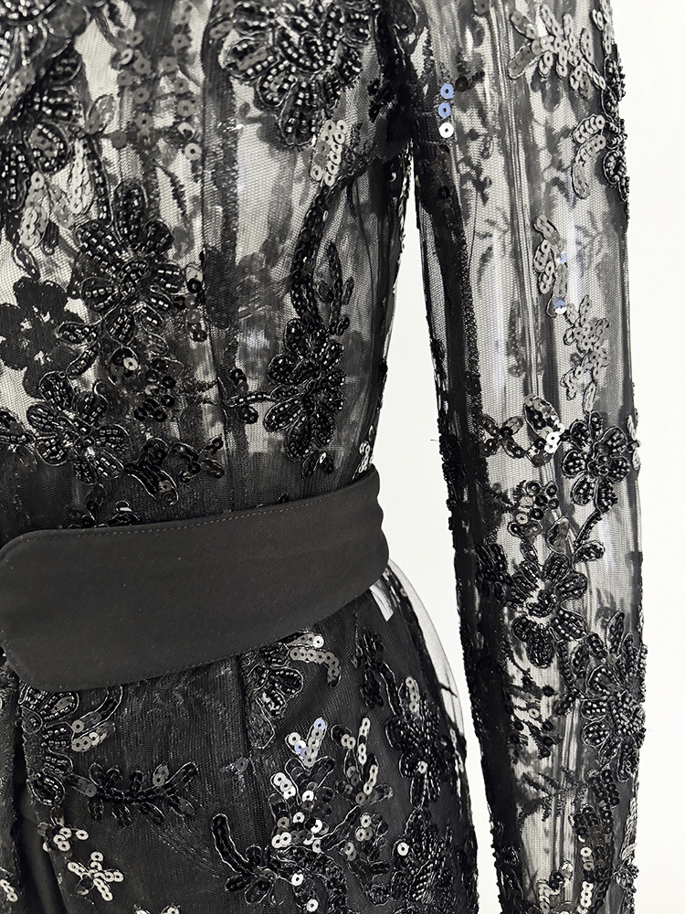 Women's Black Lace Blazer Set - Elegant Formal Pant Suit with Peplum Belt for Evening & Wedding - Styeenigma