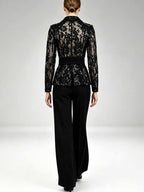 Women's Black Lace Blazer Set - Elegant Formal Pant Suit with Peplum Belt for Evening & Wedding - Styeenigma