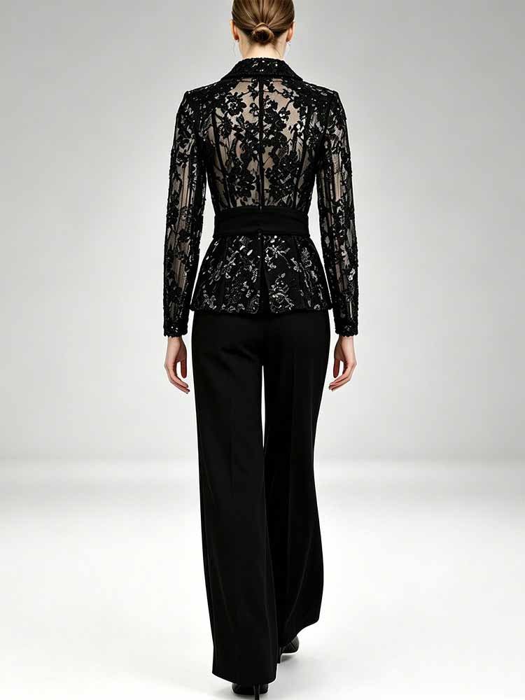 Women's Black Lace Blazer Set - Elegant Formal Pant Suit with Peplum Belt for Evening & Wedding - Styeenigma