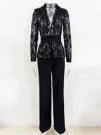 Women's Black Lace Blazer Set - Elegant Formal Pant Suit with Peplum Belt for Evening & Wedding - Styeenigma