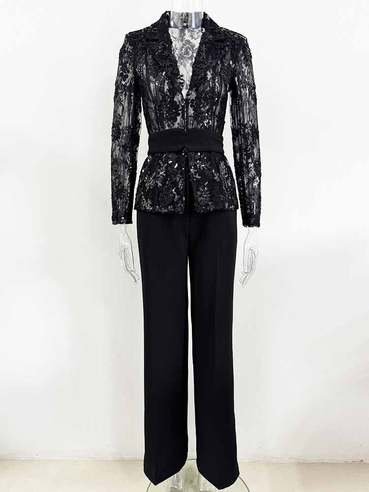 Women's Black Lace Blazer Set - Elegant Formal Pant Suit with Peplum Belt for Evening & Wedding - Styeenigma
