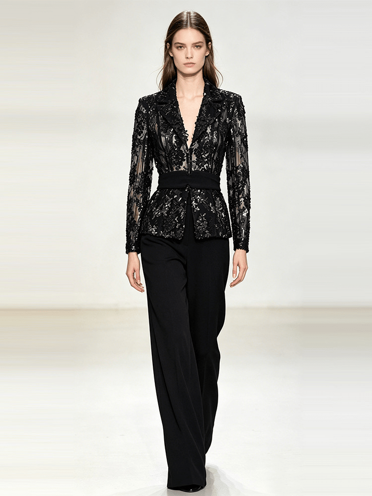 Women's Black Lace Blazer Set - Elegant Formal Pant Suit with Peplum Belt for Evening & Wedding - Styeenigma