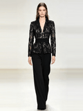 Women's Black Lace Blazer Set - Elegant Formal Pant Suit with Peplum Belt for Evening & Wedding - Styeenigma
