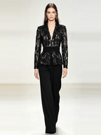 Women's Black Lace Blazer Set - Elegant Formal Pant Suit with Peplum Belt for Evening & Wedding - Styeenigma