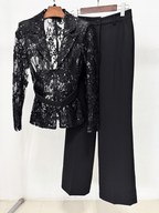 Women's Black Lace Blazer Set - Elegant Formal Pant Suit with Peplum Belt for Evening & Wedding - Styeenigma