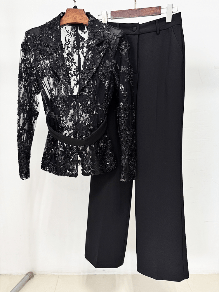 Women's Black Lace Blazer Set - Elegant Formal Pant Suit with Peplum Belt for Evening & Wedding - Styeenigma