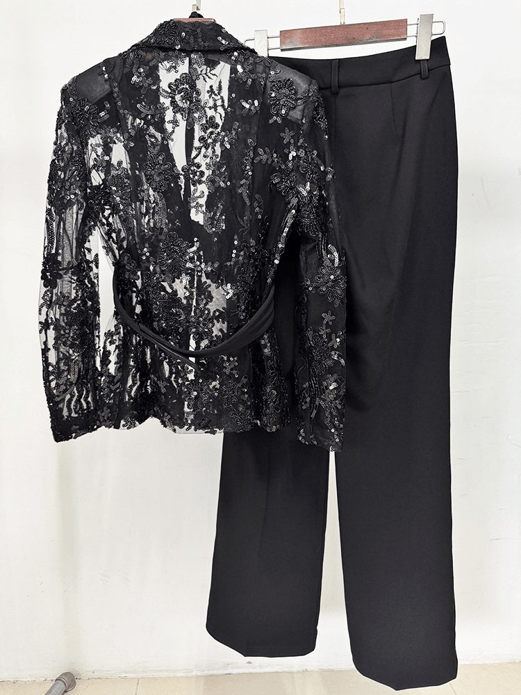 Women's Black Lace Blazer Set - Elegant Formal Pant Suit with Peplum Belt for Evening & Wedding - Styeenigma