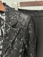 Women's Black Lace Blazer Set - Elegant Formal Pant Suit with Peplum Belt for Evening & Wedding - Styeenigma