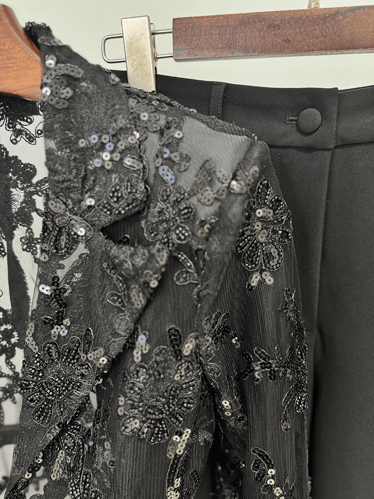 Women's Black Lace Blazer Set - Elegant Formal Pant Suit with Peplum Belt for Evening & Wedding - Styeenigma