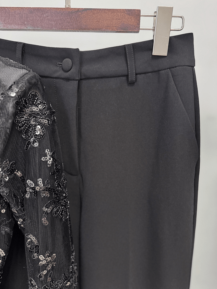 Women's Black Lace Blazer Set - Elegant Formal Pant Suit with Peplum Belt for Evening & Wedding - Styeenigma