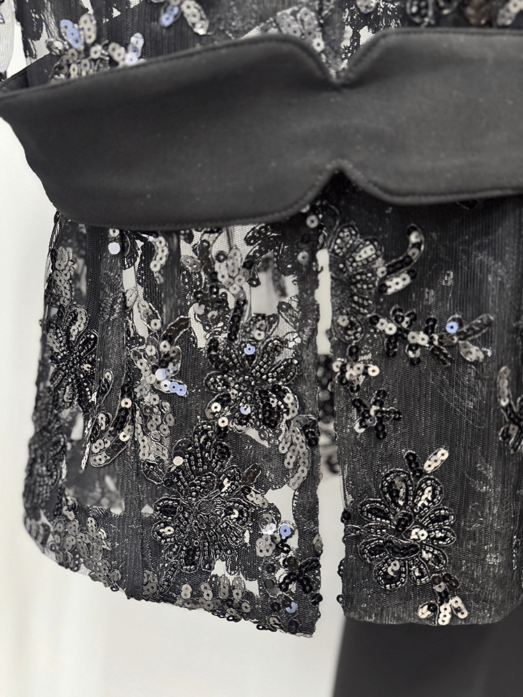 Women's Black Lace Blazer Set - Elegant Formal Pant Suit with Peplum Belt for Evening & Wedding - Styeenigma