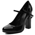 Women's Black Patent Leather Mary Jane Heels – Chunky Block Heel Pumps with Bow Ankle Strap - Styeenigma