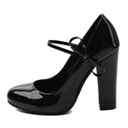 Women's Black Patent Leather Mary Jane Heels – Chunky Block Heel Pumps with Bow Ankle Strap - Styeenigma
