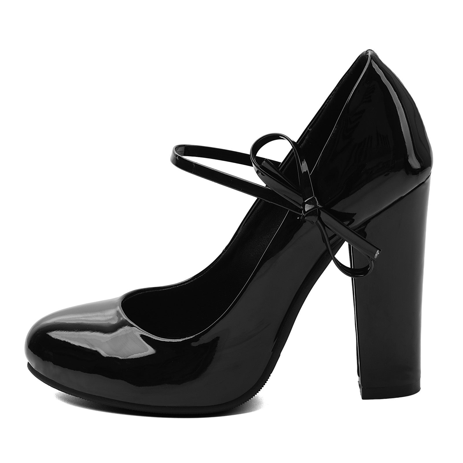 Women's Black Patent Leather Mary Jane Heels – Chunky Block Heel Pumps with Bow Ankle Strap - Styeenigma