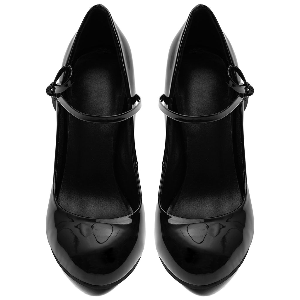 Women's Black Patent Leather Mary Jane Heels – Chunky Block Heel Pumps with Bow Ankle Strap - Styeenigma