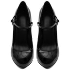 Women's Black Patent Leather Mary Jane Heels – Chunky Block Heel Pumps with Bow Ankle Strap - Styeenigma
