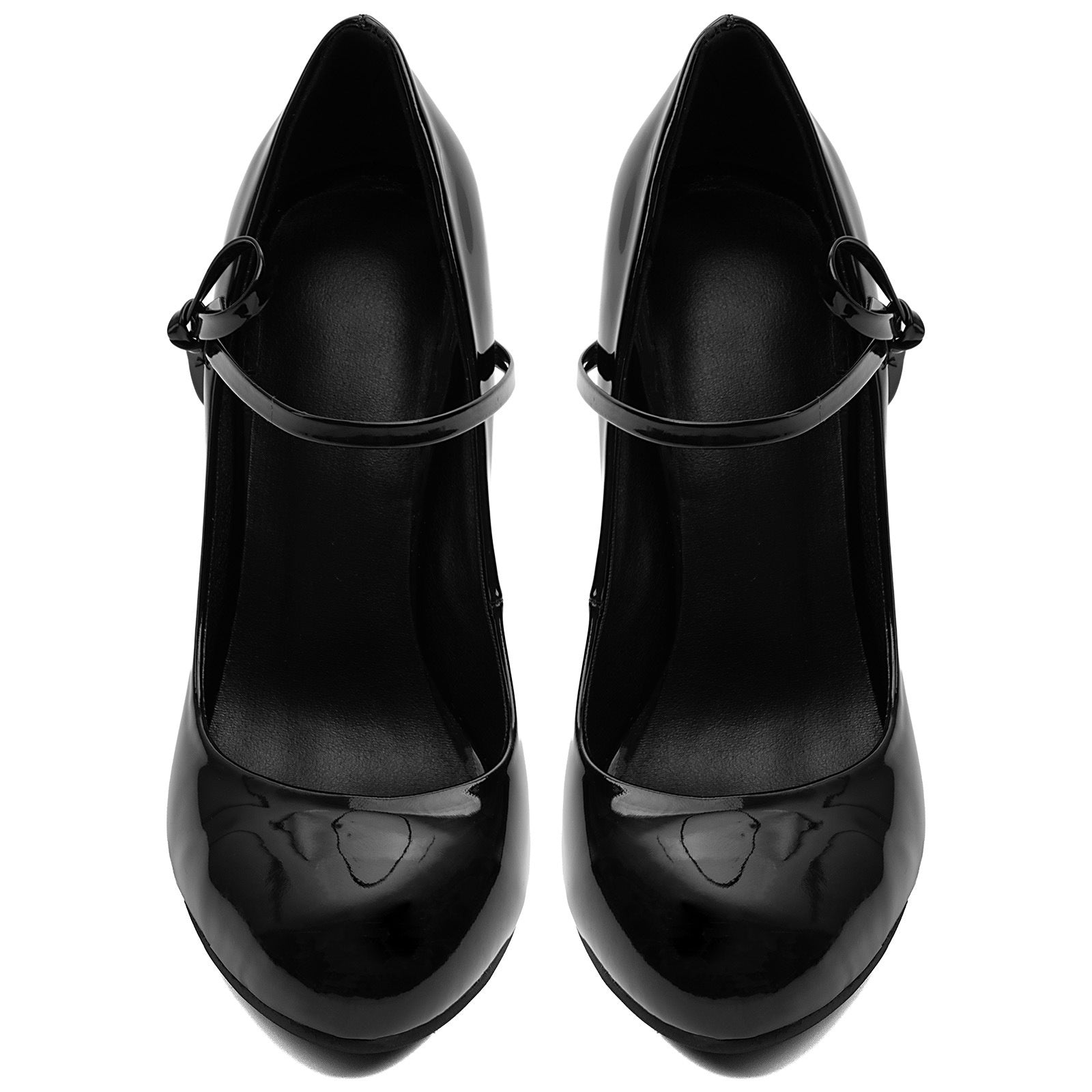Women's Black Patent Leather Mary Jane Heels – Chunky Block Heel Pumps with Bow Ankle Strap - Styeenigma