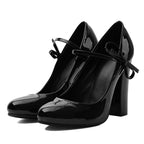 Women's Black Patent Leather Mary Jane Heels – Chunky Block Heel Pumps with Bow Ankle Strap - Styeenigma