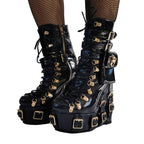 Women's Patent Leather Platform Boots - Gothic Punk Ankle Boots with Gold Buckles & Lace-Up Design | Y2K Alt-Fashion Statement Shoes - Styeenigma