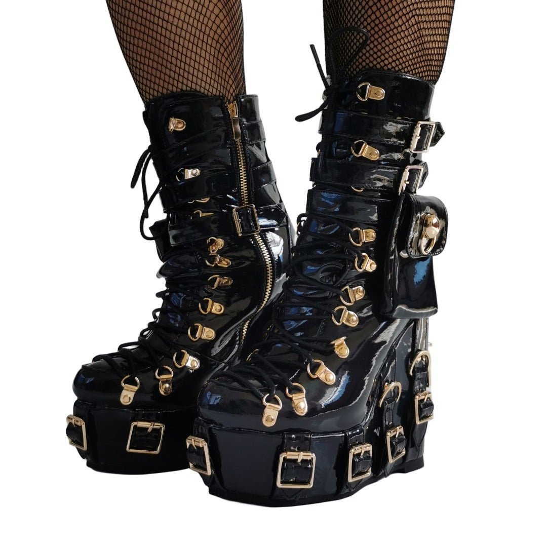 Women's Patent Leather Platform Boots - Gothic Punk Ankle Boots with Gold Buckles & Lace-Up Design | Y2K Alt-Fashion Statement Shoes - Styeenigma