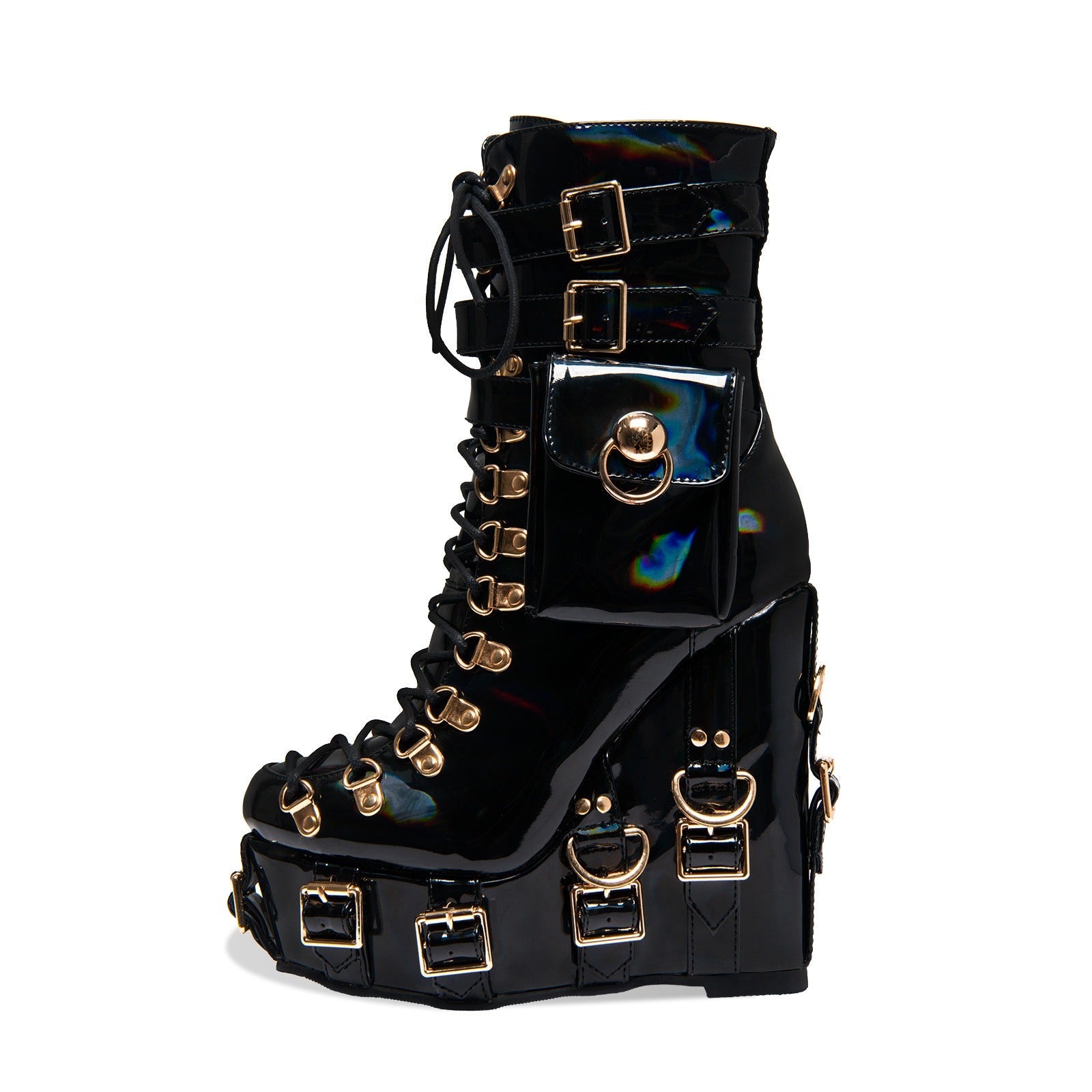 Women's Patent Leather Platform Boots - Gothic Punk Ankle Boots with Gold Buckles & Lace-Up Design | Y2K Alt-Fashion Statement Shoes - Styeenigma