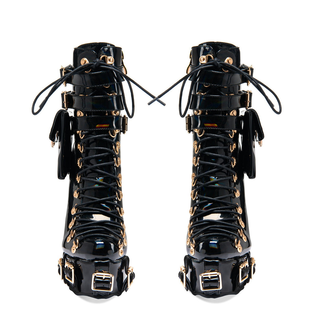 Women's Patent Leather Platform Boots - Gothic Punk Ankle Boots with Gold Buckles & Lace-Up Design | Y2K Alt-Fashion Statement Shoes - Styeenigma