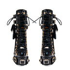 Women's Patent Leather Platform Boots - Gothic Punk Ankle Boots with Gold Buckles & Lace-Up Design | Y2K Alt-Fashion Statement Shoes - Styeenigma