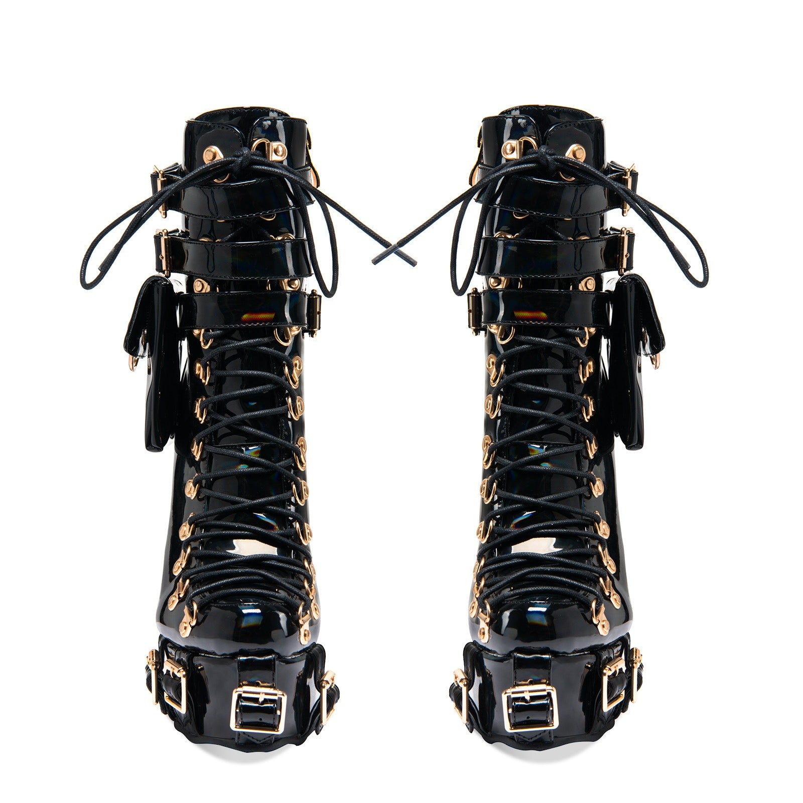 Women's Patent Leather Platform Boots - Gothic Punk Ankle Boots with Gold Buckles & Lace-Up Design | Y2K Alt-Fashion Statement Shoes - Styeenigma