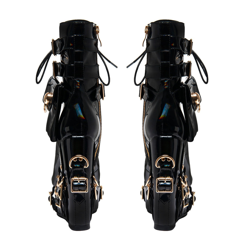 Women's Patent Leather Platform Boots - Gothic Punk Ankle Boots with Gold Buckles & Lace-Up Design | Y2K Alt-Fashion Statement Shoes - Styeenigma