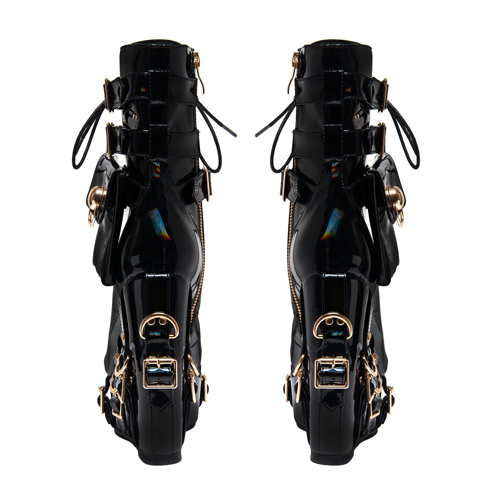 Women's Patent Leather Platform Boots - Gothic Punk Ankle Boots with Gold Buckles & Lace-Up Design | Y2K Alt-Fashion Statement Shoes - Styeenigma