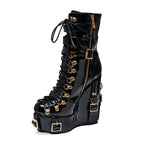 Women's Patent Leather Platform Boots - Gothic Punk Ankle Boots with Gold Buckles & Lace-Up Design | Y2K Alt-Fashion Statement Shoes - Styeenigma