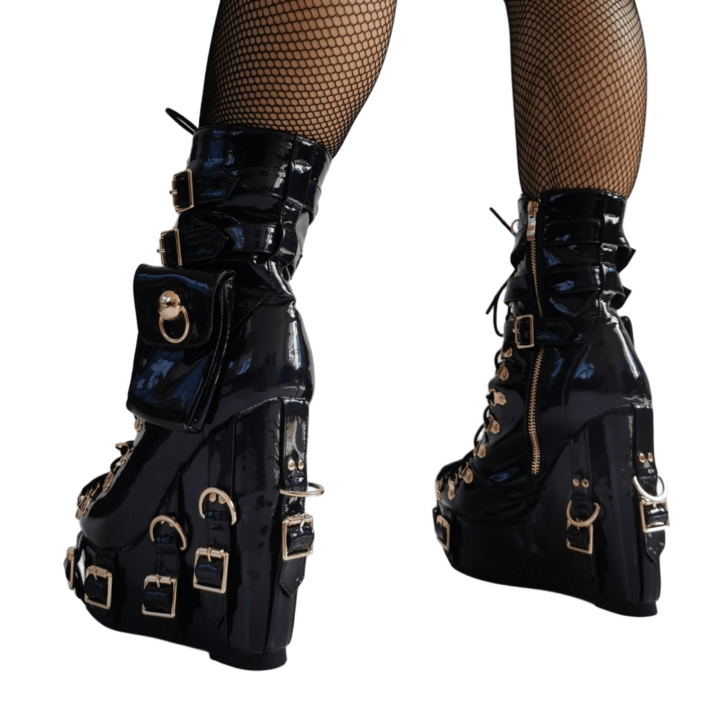 Women's Patent Leather Platform Boots - Gothic Punk Ankle Boots with Gold Buckles & Lace-Up Design | Y2K Alt-Fashion Statement Shoes - Styeenigma