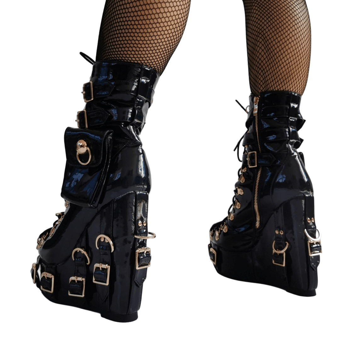 Women's Patent Leather Platform Boots - Gothic Punk Ankle Boots with Gold Buckles & Lace-Up Design | Y2K Alt-Fashion Statement Shoes - Styeenigma