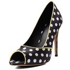 Women's Black Polka Dot Velvet Pumps Peep Toe Stiletto Heels - Styeenigma