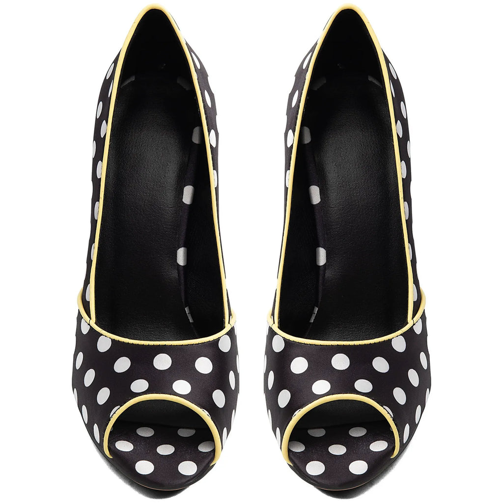 Women's Black Polka Dot Velvet Pumps Peep Toe Stiletto Heels - Styeenigma