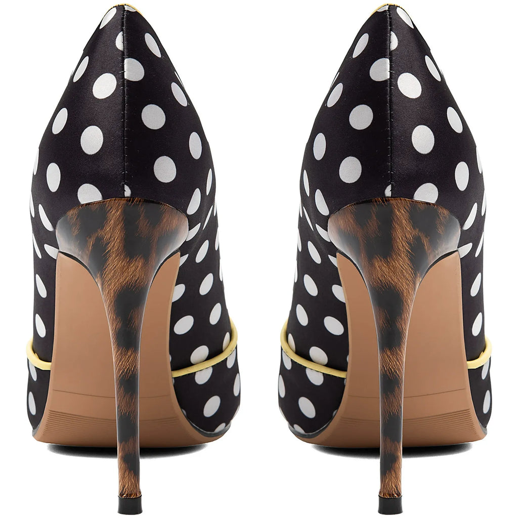 Women's Black Polka Dot Velvet Pumps Peep Toe Stiletto Heels - Styeenigma