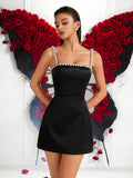 Women's Black Rhinestone Trim Halter Neck Satin Mini Dress for Party & Club