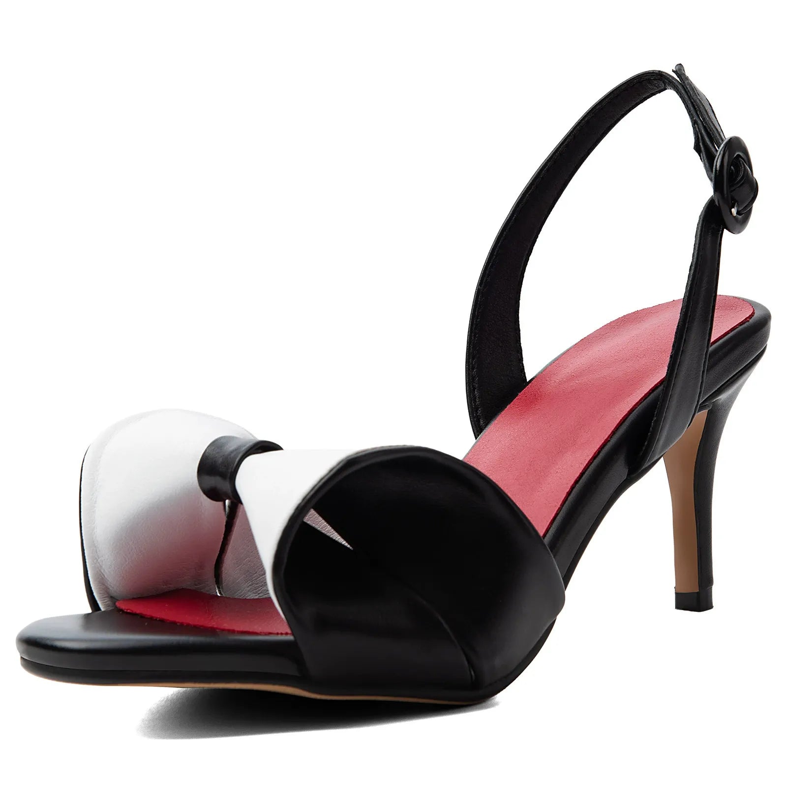 Women's Black White Bow Kitten Heel Sandals Slingback Shoes - Styeenigma