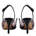 Women's Black White Bow Kitten Heel Sandals Slingback Shoes - Styeenigma