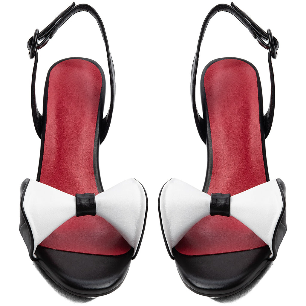 Women's Black White Bow Kitten Heel Sandals Slingback Shoes - Styeenigma
