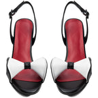 Women's Black White Bow Kitten Heel Sandals Slingback Shoes - Styeenigma