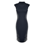 Women's Black and White Bandage Dress - Sleeveless High Neck Bodycon Midi Dress