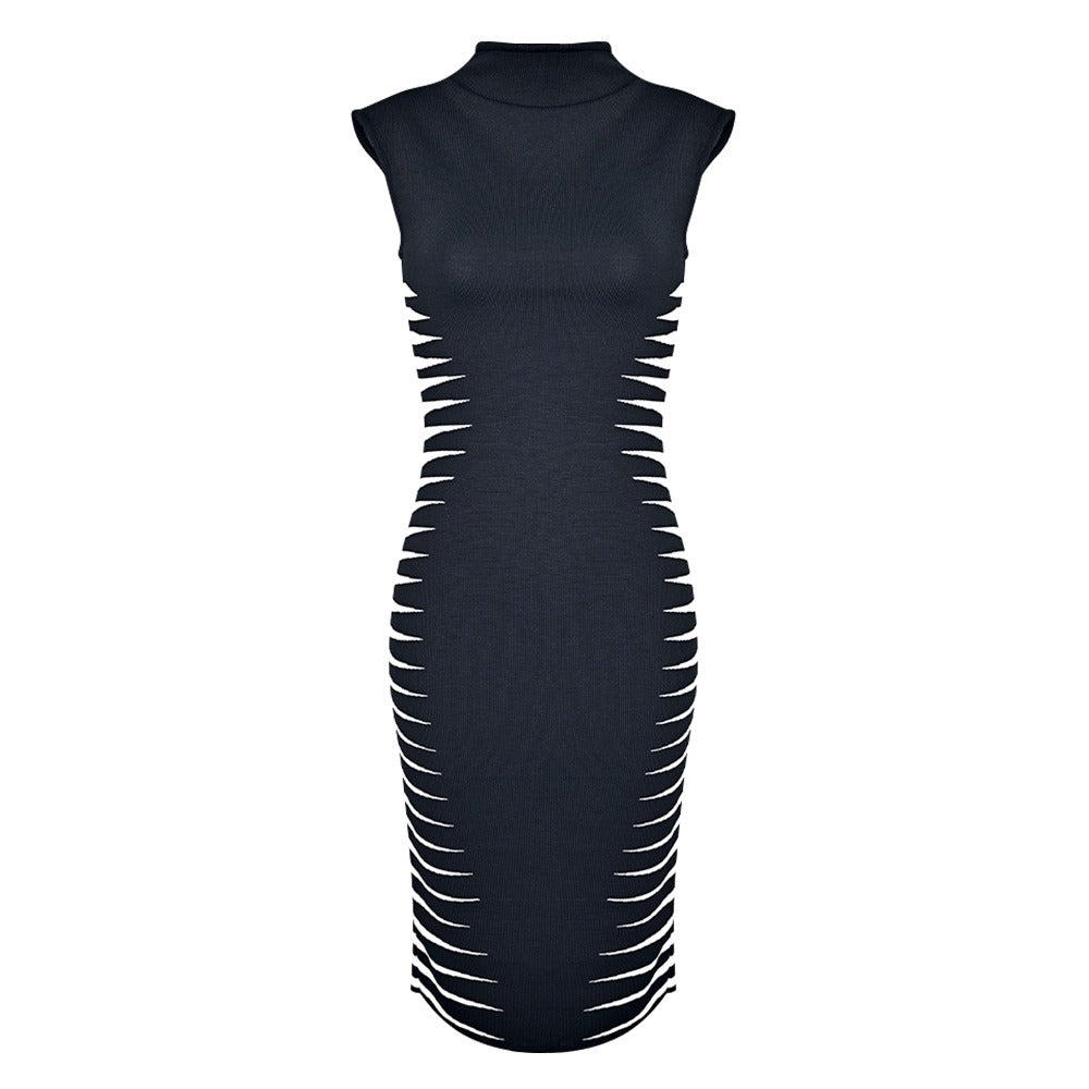 Women's Black and White Bandage Dress - Sleeveless High Neck Bodycon Midi Dress