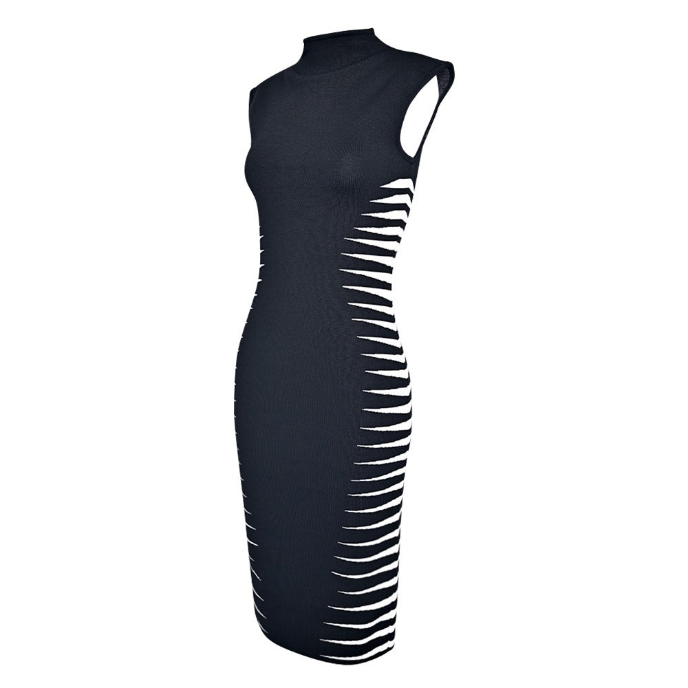 Women's Black and White Bandage Dress - Sleeveless High Neck Bodycon Midi Dress